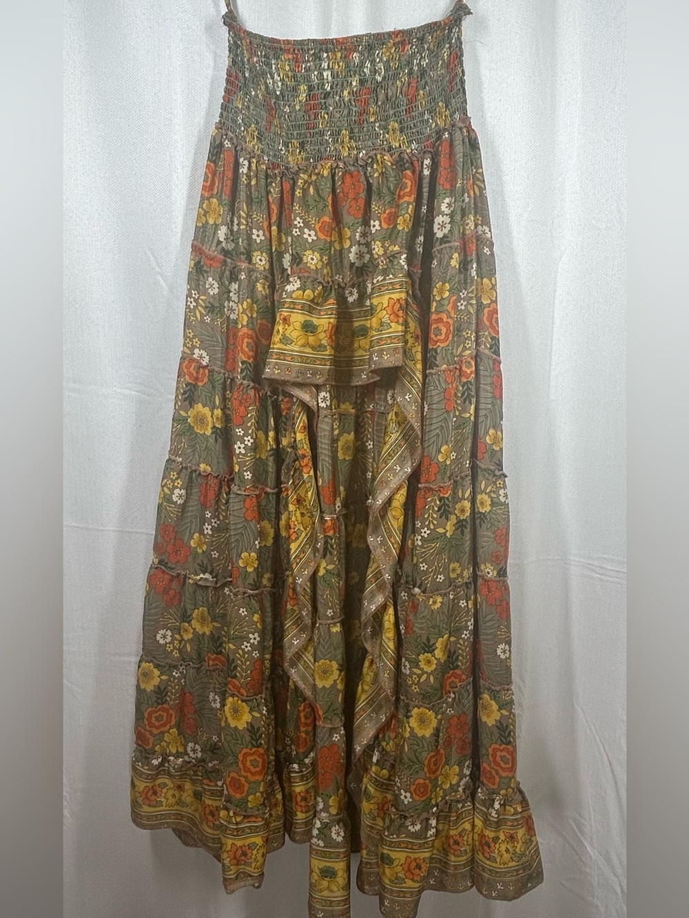 Zury Women’s Silk High Low Skirt Tiered Floral Festival One Size Yellow Green